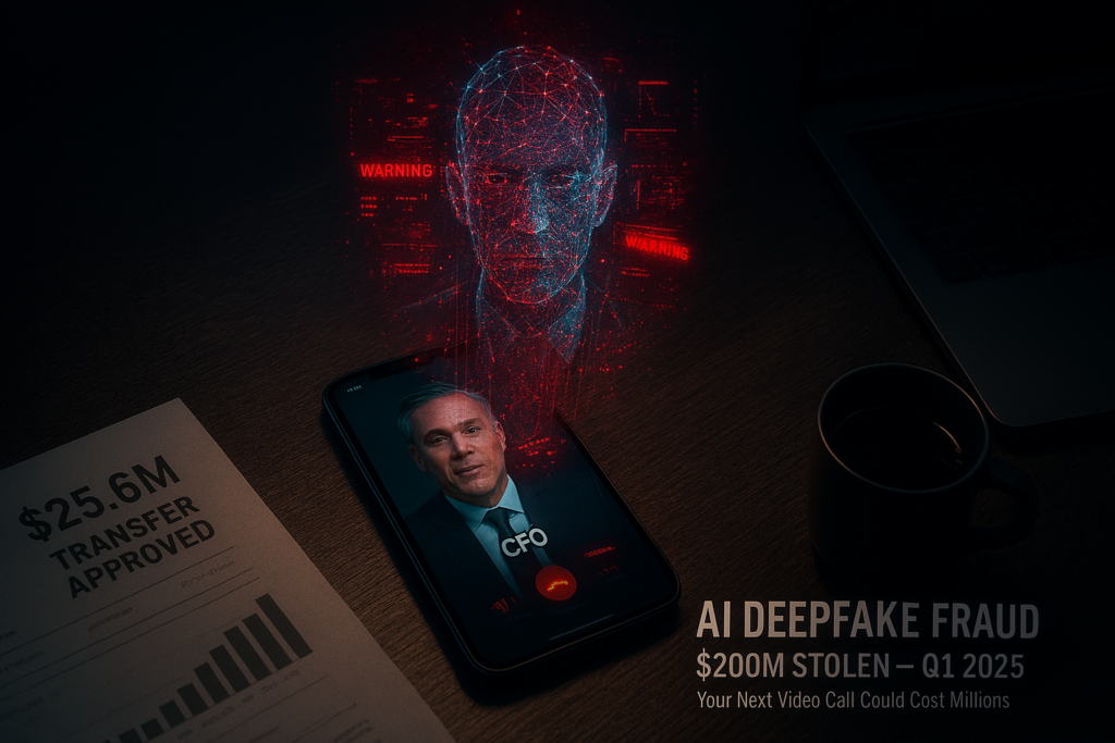 Deepfake AI crime cybersecurity - figura umanoide digitale frammentata rappresenta minaccia intelligenza artificiale frodi identity-based