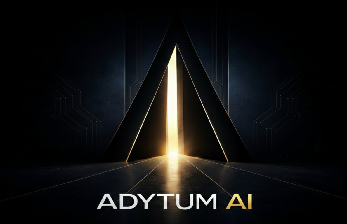 Logo Adytum AI in un ambiente futuristico con portale luminoso a forma di triangolo e circuiti digitali.