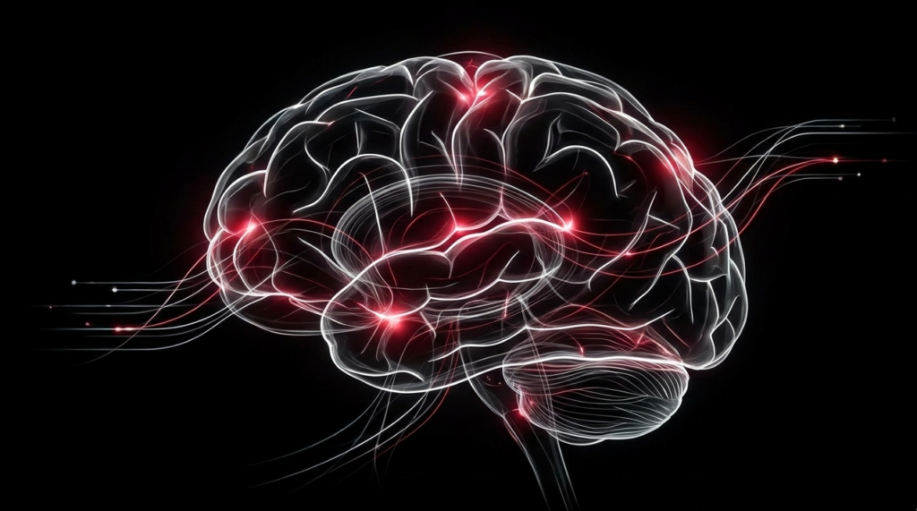Rappresentazione digitale di un cervello umano con connessioni neurali luminose e nodi attivi rossi su sfondo nero, simbolo dell'intelligenza artificiale.