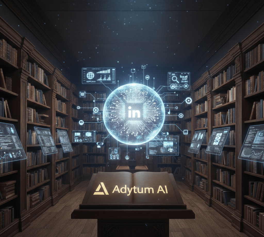 Archivio digitale di Adytum AI: una biblioteca classica integrata con interfacce digitali e il logo di LinkedIn, simbolo della diffusione della conoscenza sull'intelligenza artificiale.