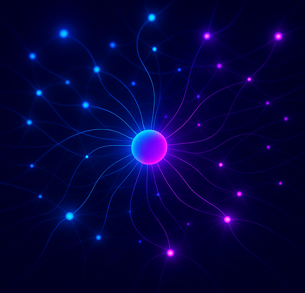 Cognizione simbiotica tra intelligenza artificiale e mente umana rappresentata come fusione tra cervello biologico e rete digitale