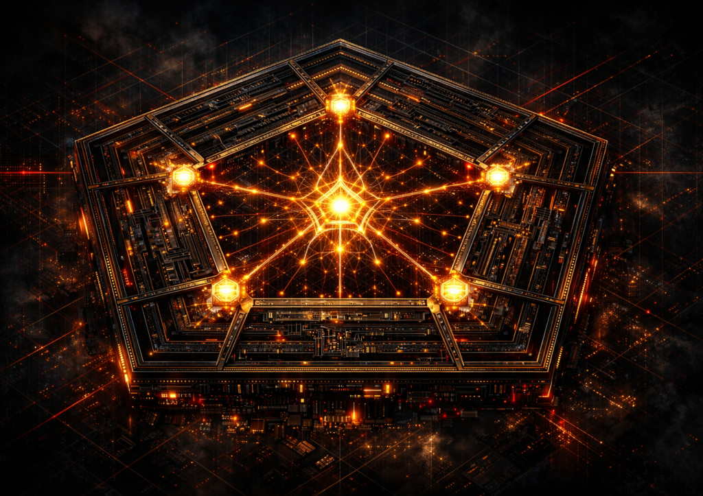 Illustrazione editoriale del conflitto tra Anthropic e il Pentagono sull'uso militare dell'intelligenza artificiale