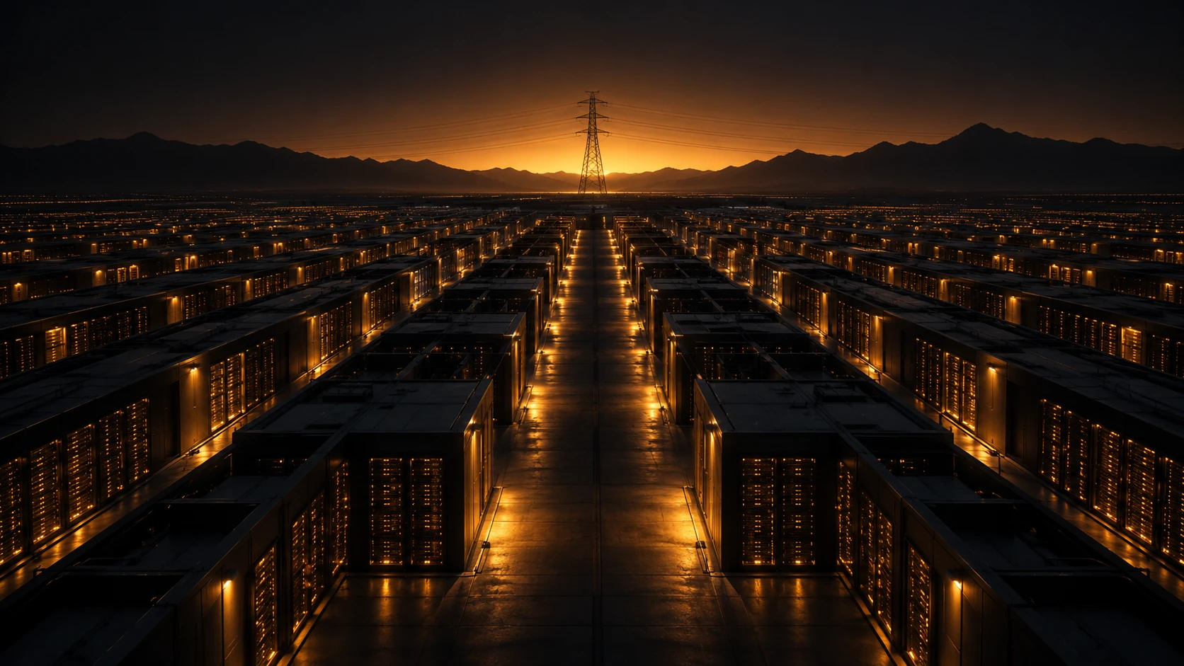 File infinite di server in un data center illuminate al tramonto con un traliccio elettrico all'orizzonte - intelligenza artificiale e rete elettrica