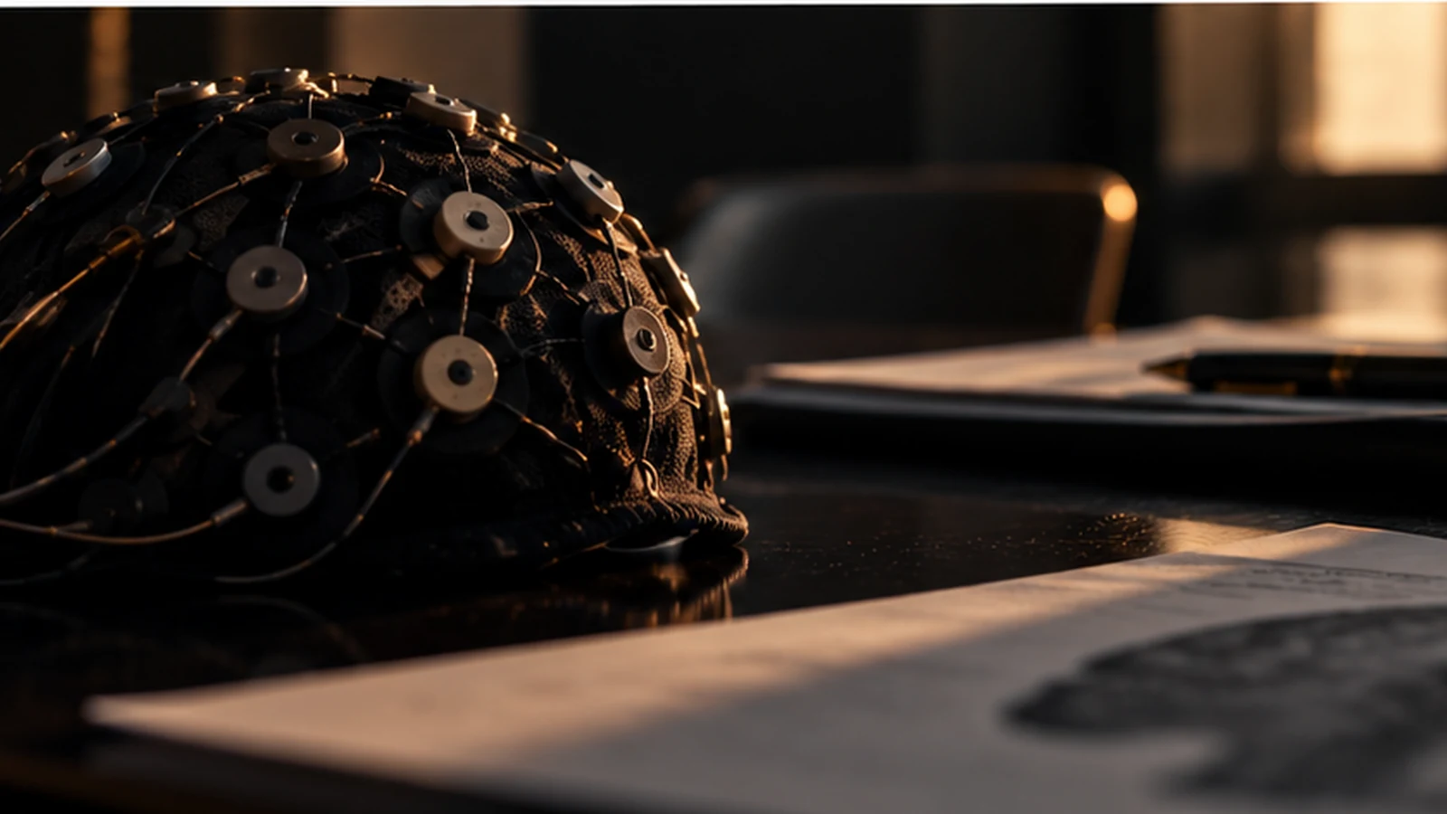 Cuffia EEG appoggiata su una scrivania scura accanto a documenti, simbolo della raccolta di dati neurali e del loro governo