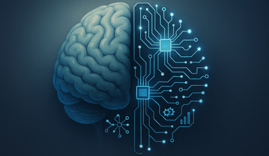 Illustrazione cervello umano integrato con circuito digitale, metafora della cognizione simbiotica tra intelligenza artificiale e mente umana