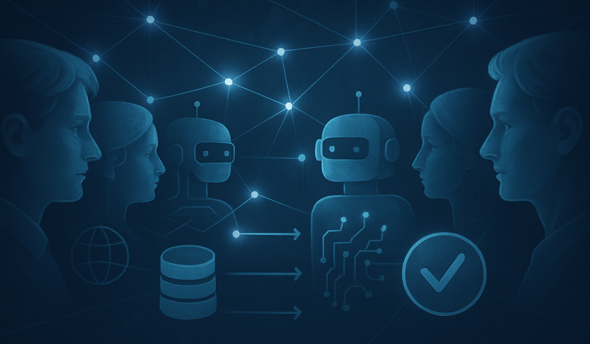 Rete di menti umane e AI interconnesse, ecosistema di conoscenza condivisa.